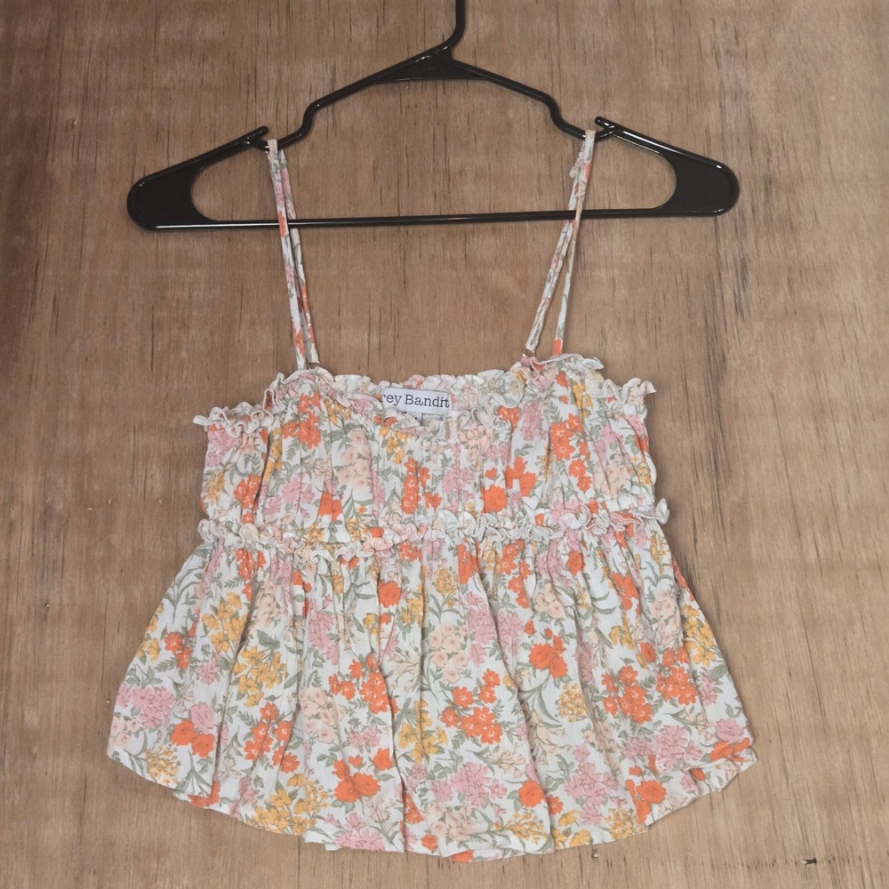 Grey Bandit Floral Smocked Cami Top Orange Pink Yellow Ruffle Babydoll Medium